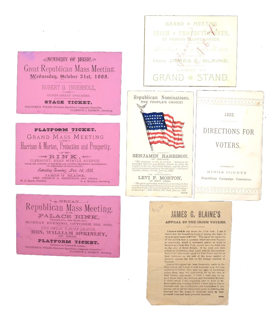 B. Harrison & L.P. Morton 1888 Republican Meeting: Comprises 1.) Three oblong 16mo printed pink card stock tickets for various republican events, from October 22nd to November 3rd, leading up to the 1888 Presidential Election. Locations throughout Man