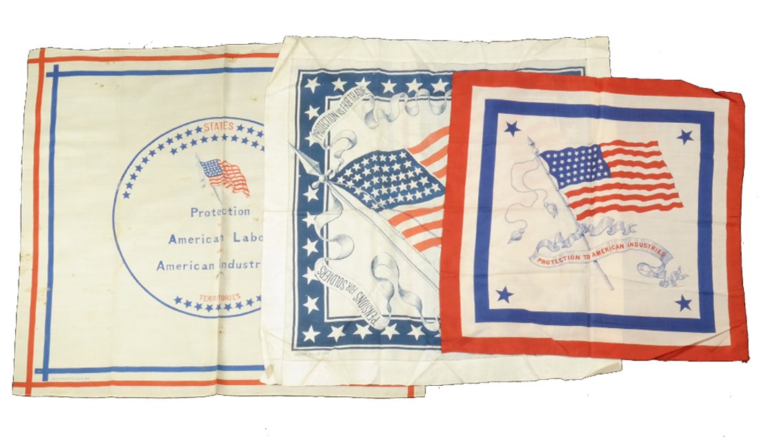 B. Harrison and L. Morton Three 1888 SIlk Campaign: Comprises: 1.) Red and Blue ink printed on white silk handkerchief. Features vibrant center with U.S. flag and ribbon imprinted "Protection to American Industries." 2.) Red and blue ink printed on whi