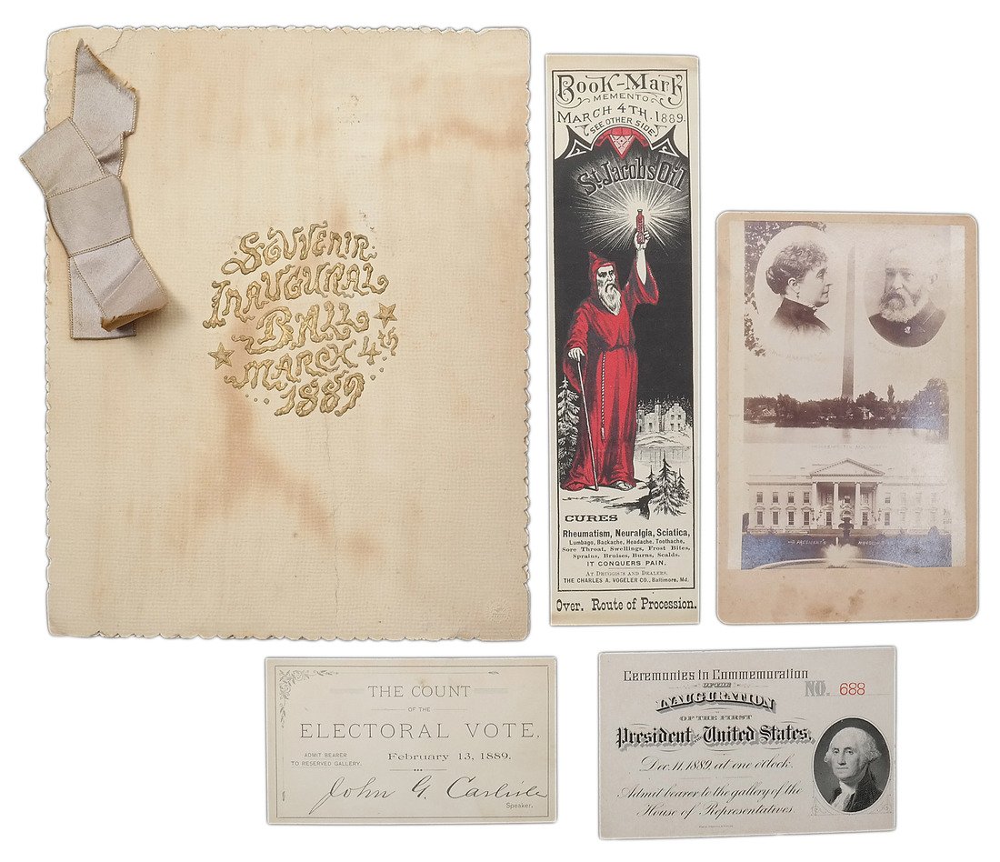 Benjamin Harrison 1889 Inauguration Ephemera: Comprises: 1.) Small 4to booklet with cover gilt-embossed "Souvenir / Inaugural Ball / March 4th / 1889." Retains original wrappers bound with satin ribbon and back cover bearing gilt-embossed federal