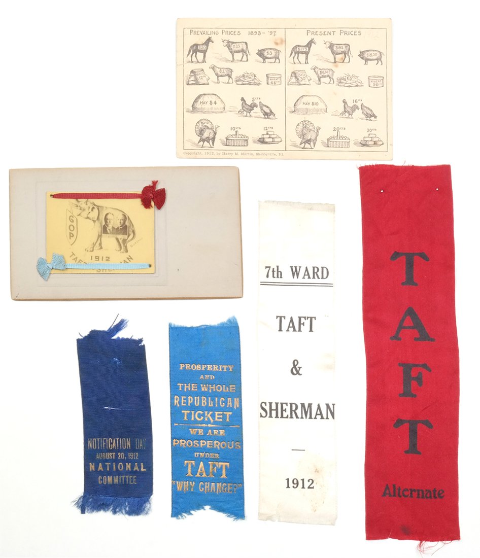 Wm. H. Taft 1912 Campaign Ribbons & Ephemera: Comprises: 1.) Champagne-tone silk ribbon with black ink imprint "7th Ward / Taft & Sherman / 1912." 2.) Red silk ribbon with black ink imprint "Taft Alternate." 3.) Blue satin ribbon with gilt-stampe