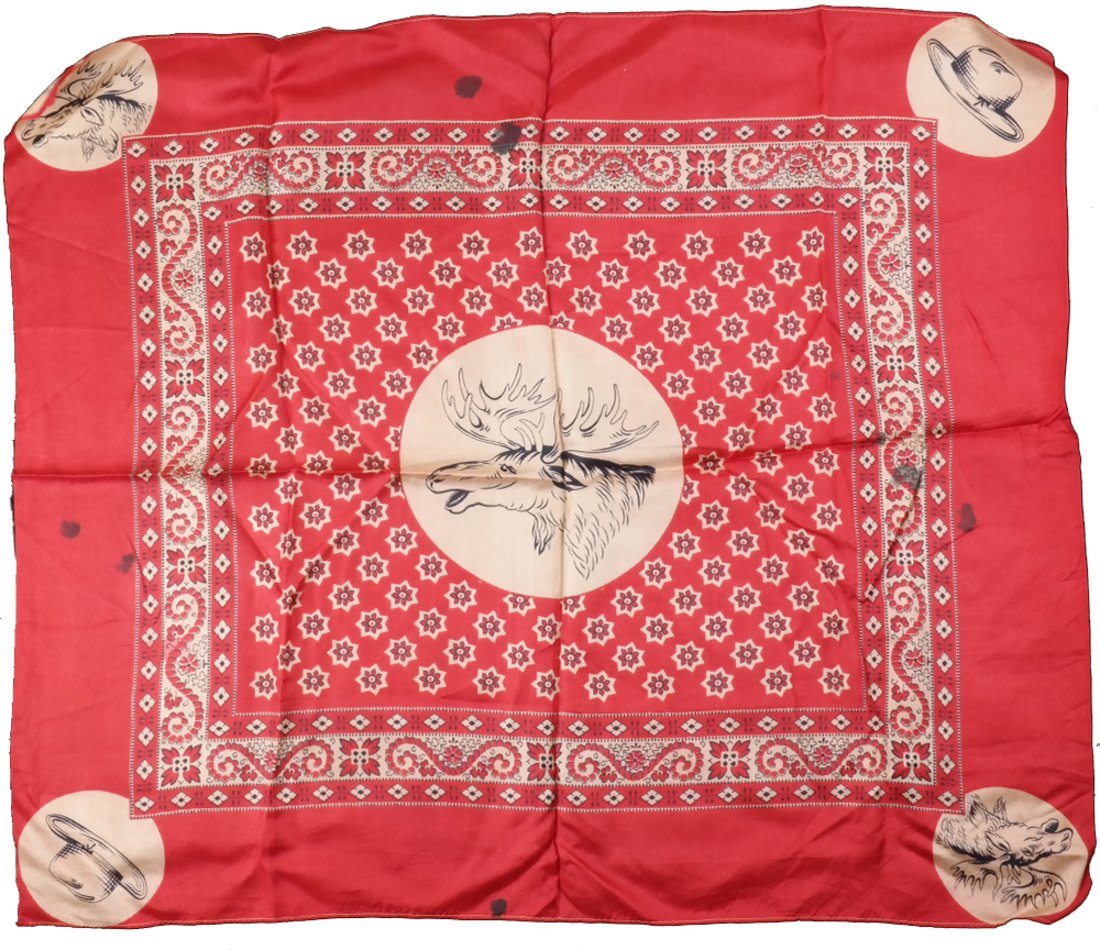 T. Roosevelt 1912 "Bull Moose" Handkerchief: Printed red silk handkerchief/bandana supporting the 1912 Progressive presidential candidate Theodore Roosevelt. Center features bold "Bull Moose" portrait. Corners alternate "Bull Moose" and "Hat in 