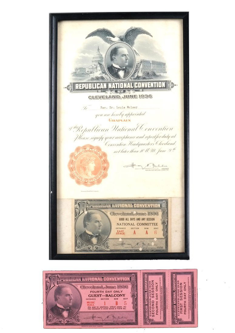 1936 Republican Convention Chaplains Letter & Tickets (1 of 10)