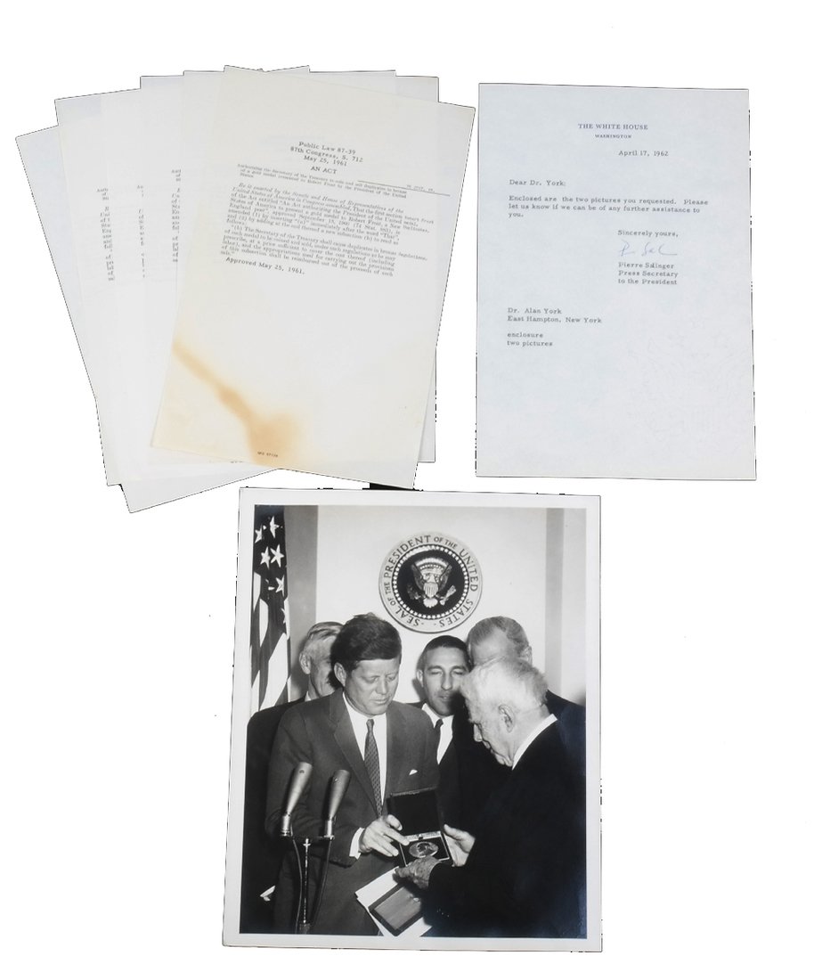 John F. Kennedy 1962 Photograph with Related: Abbie Rowe black & white photograph depicting President Kennedy presenting the Congressional Gold Medal to American poet Robert Frost on March 26, 1962. Present in the photograph are Senator Leverett