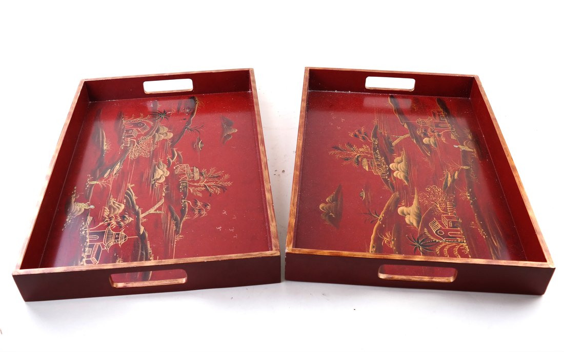 Pair of Red Laquer Chinoiserie Serving Trays (1 of 6)