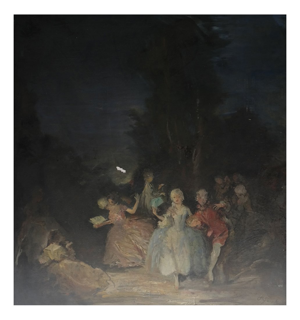 Otto Porsche, Figure Scene, Oil on Board: Otto Porsche (1858-1931) 18th century French pastoral scene. [Sight: 58 3/4" H x 51 3/4" W; Frame: 67" H x 60" W]. Fair amount of craquelure. 2" paint chip in center.