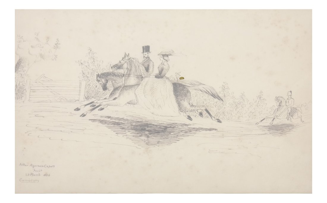 Etching of Sixth Earl of Essex: Etching depicting the earl of Essex and a female companion riding. [Sight: 9" H x 12" W; Frame: 14 3/4" H x 18 3/4" W]. Foxing throughout.