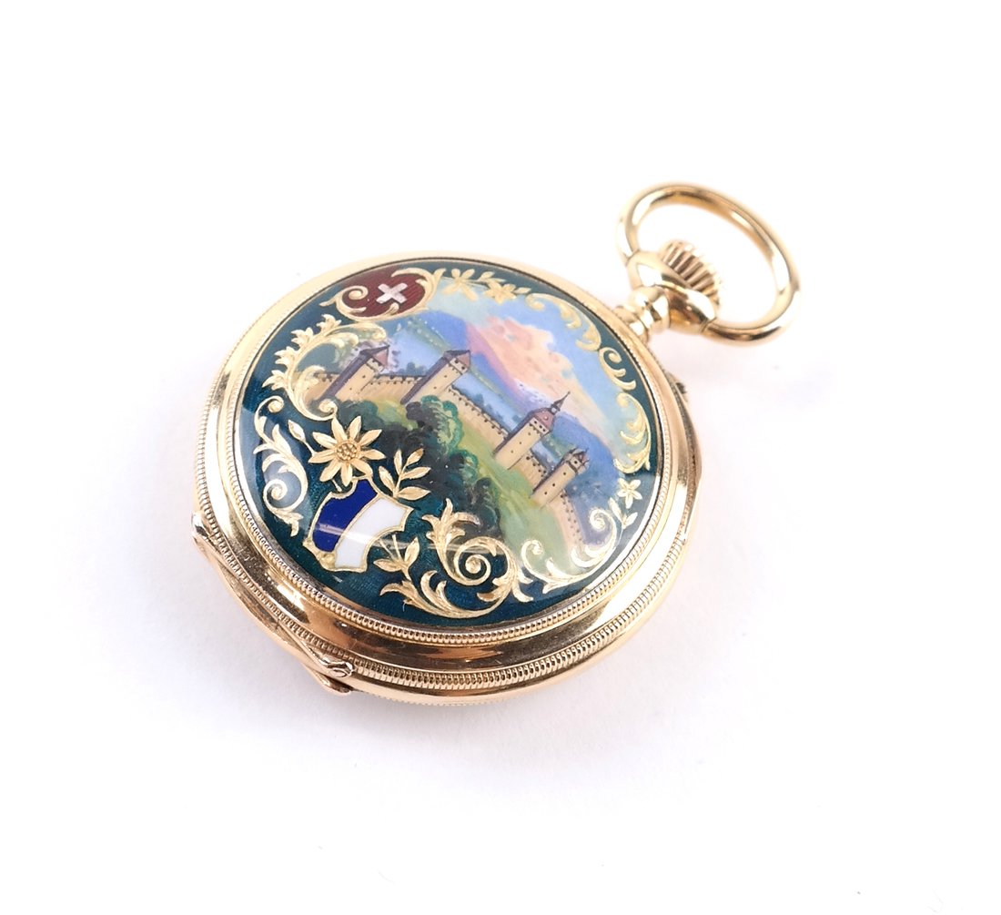 Vacheron & Constantin Pocket Watch: Vacheron and Constantin enameled gold pocket watch. Dial inscribed "Vacheron and Constantin/Geneve," and with Arabic numerals. The reverse of case enameled with the Swiss cross and mountain lakescapes