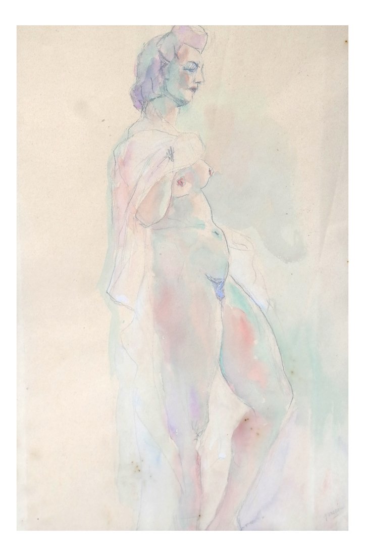 Jules Pascin Standing Nude Watercolor: Jules Pascin (Bulgarian, 1885-1930) standing nude, watercolor and pencil on paper. Signed "Pascin" in lower right corner. [Sight: 17" H x 11" W; Frame: 25 1/2" H x 19 1/2" W]. Age toning and foxing.