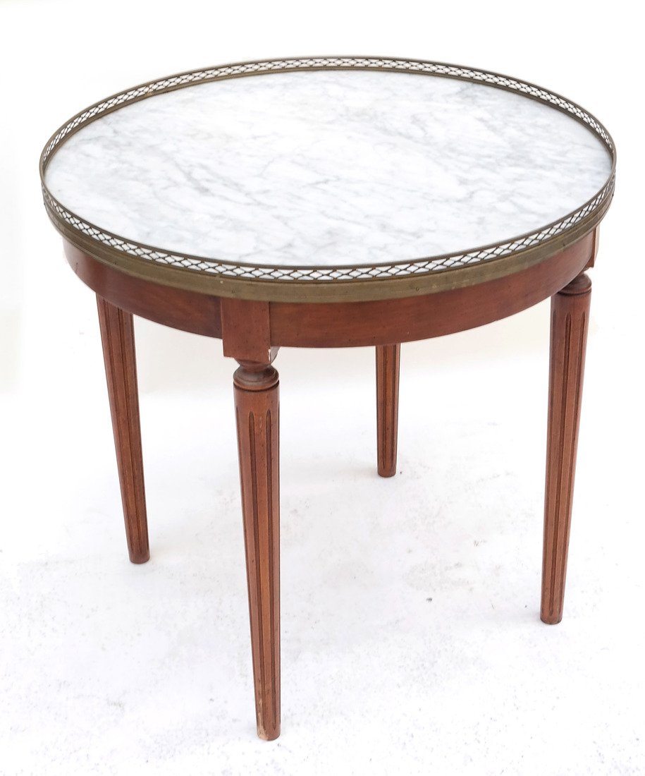 Marble Top Bouillotte Table: Marble top bouillotte table. [26" H x 26" Dia]. Scratches and nicks to wood.