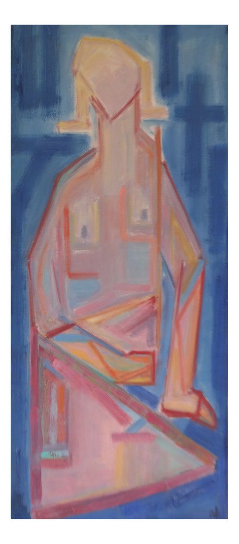 Ann Hagerty, Repose of the Pink Lady: Ann Hagerty, "Repose of the Pink Lady." Modern style painting, signed in lower right corner. [51" H x 23" W].