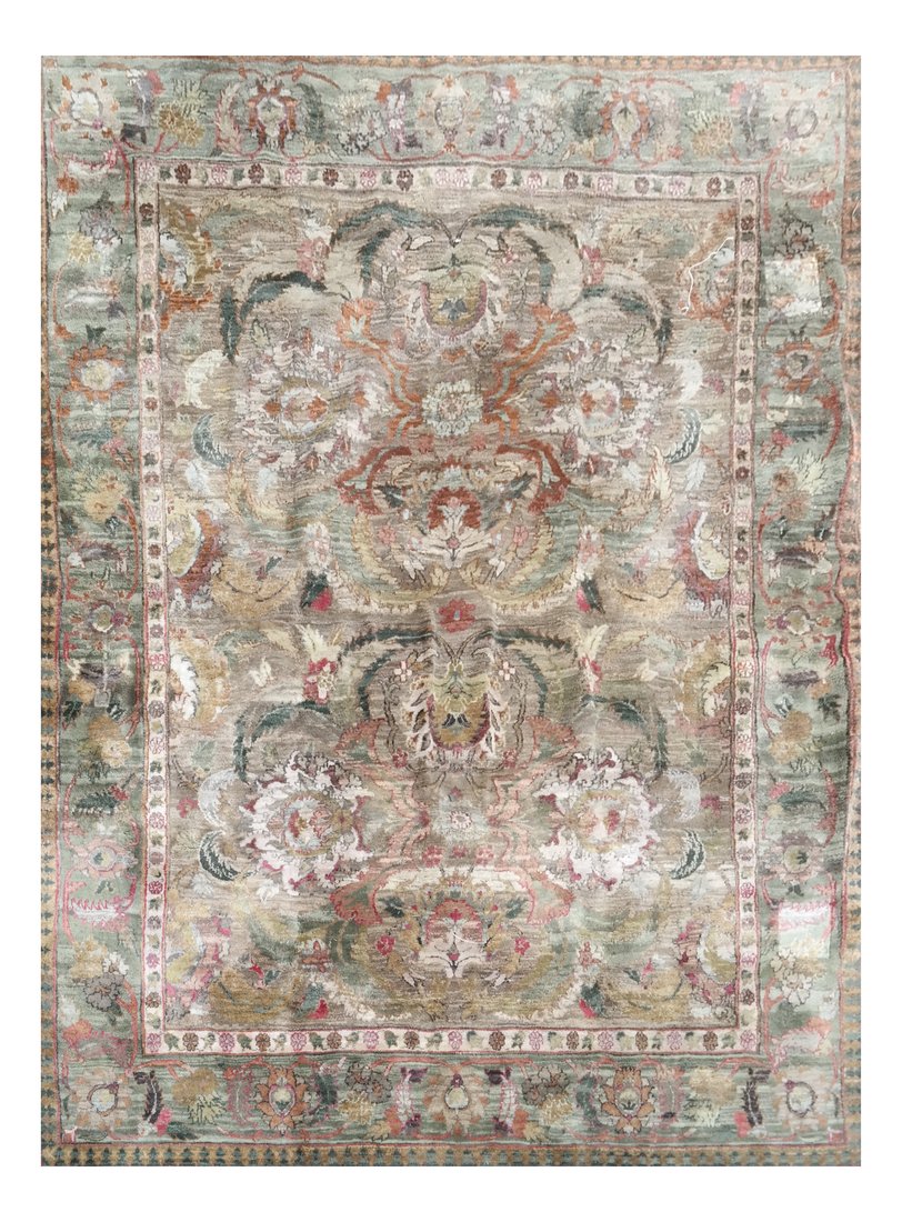 "Agra" Rug: Multicolored Agra rug/carpet. [125" x 98"]. Bleached and faded.