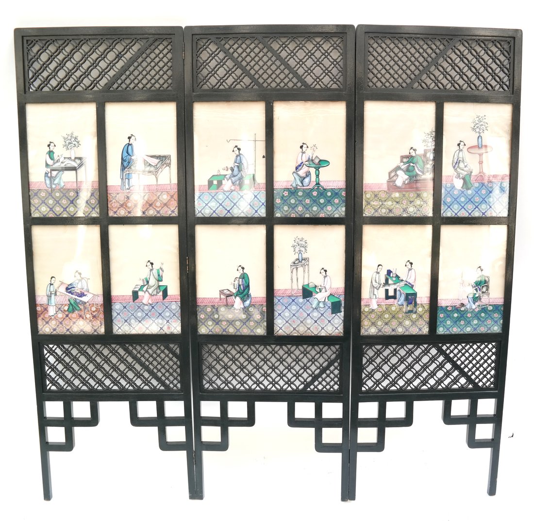 Chinese Ebnoized and Painted Screen: Floor screen with painted inlay showing domestic scenes. [54" H x 54" W]. Paper is torn in several places.