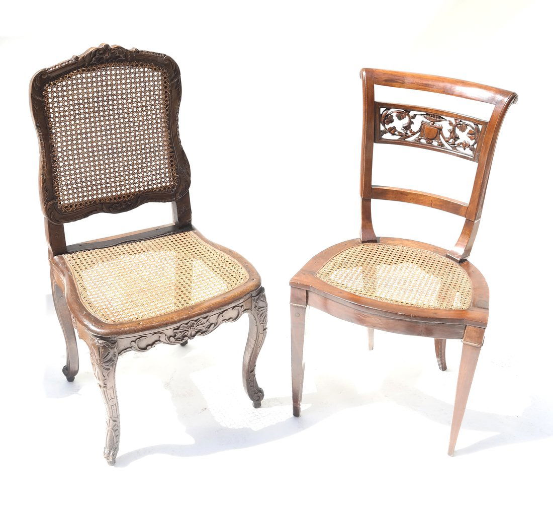 Two French Provincial Caned Chairs: Lot of two French Provincial caned chairs. [18 1/2" W x 16 1/2" D x 36 1/2" H; 19" W x 16" D x 33 1/2" H]. Good condition with intact cane.