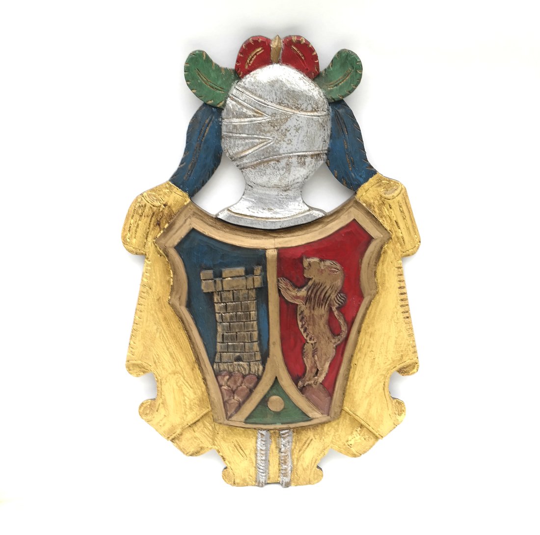 Antique Style Armorial Emblem: 20th century antique style carved and painted armorial emblem. [28" H x 18" W x 12 1/2" D]. Some minor wear.
