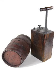 Plunger Detonator and Barrel: Wooden plunger detonator with dovetail joints, wing nut terminals, original plaque and leather straps. Manufactured by New York Blasting Machine Co. Accompanied by barrel marked 1960 on top, painted