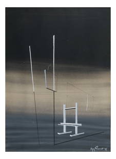 Guy Ducornet, Gouache on Paper: Surrealist landscape highlighting perspectives with architectural elements. Dimensions: Art: 13.00 " H x 9.50 " W; Frame: 21.00