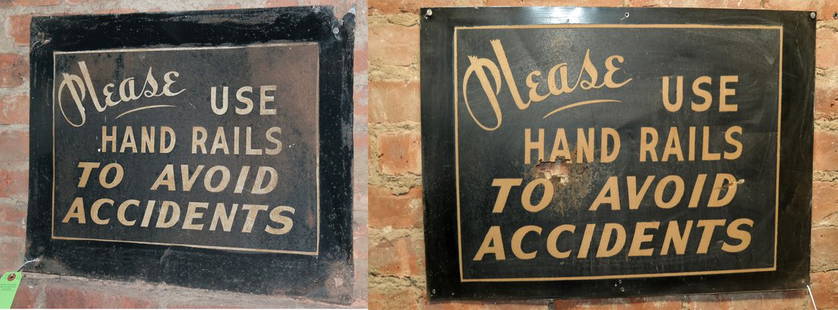 Pair of 'Please Use Handrails' Signs: Metal, stencil pained signs advising caution. Dimensions: Shorter - 24.00 " H x 15.00 " W; Taller - 24.00