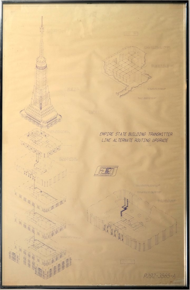 Empire State Transmitter Line Upgrade Diagram: ERI, sectional isotropic exploded diagram of transmitter line alternate routes for Empire State Building upgrade. Frame Dimensions: Art: 35.50 " H x 23.50 " W;