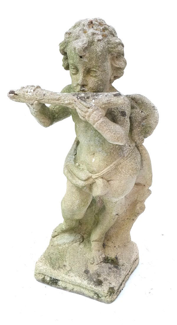 Cast Stone Figure: Cherub Playing  Flute (1 of 7)