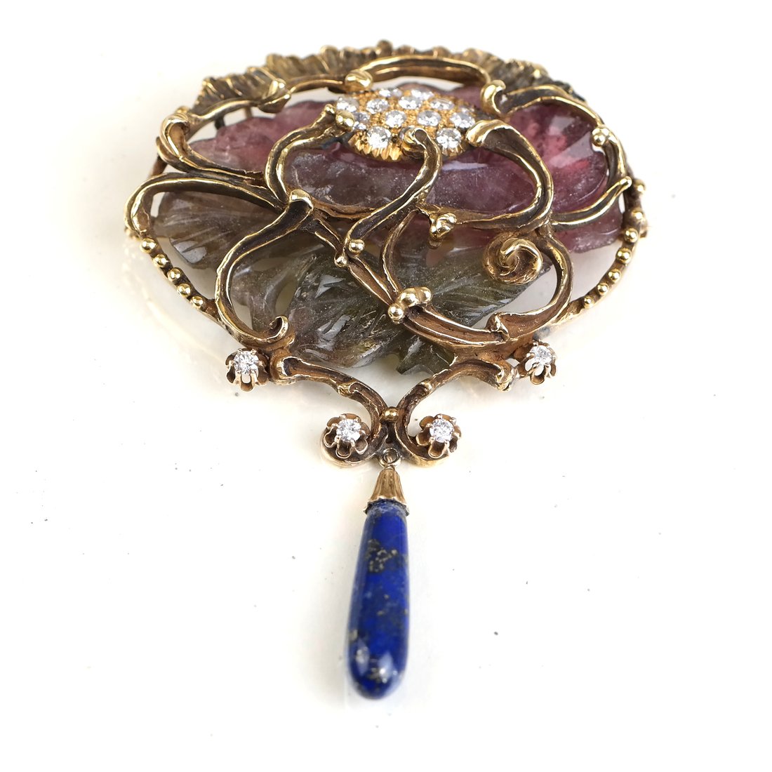 E. Pearl 18k Yellow Gold Pin: Edwin Pearl maker. Diamond 18k yellow gold & black enamel tourmaline pin with lapis teardrop. Overall: 23 dwt.
