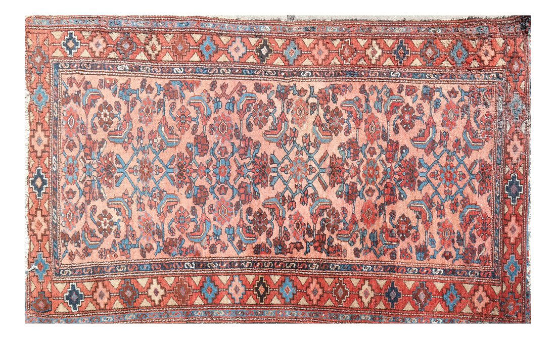 Persian Wool Rug: Persian wool rug with salmon and turquoise colors [70" L x 41 1/2" W]. Edges are worn, lacking border.