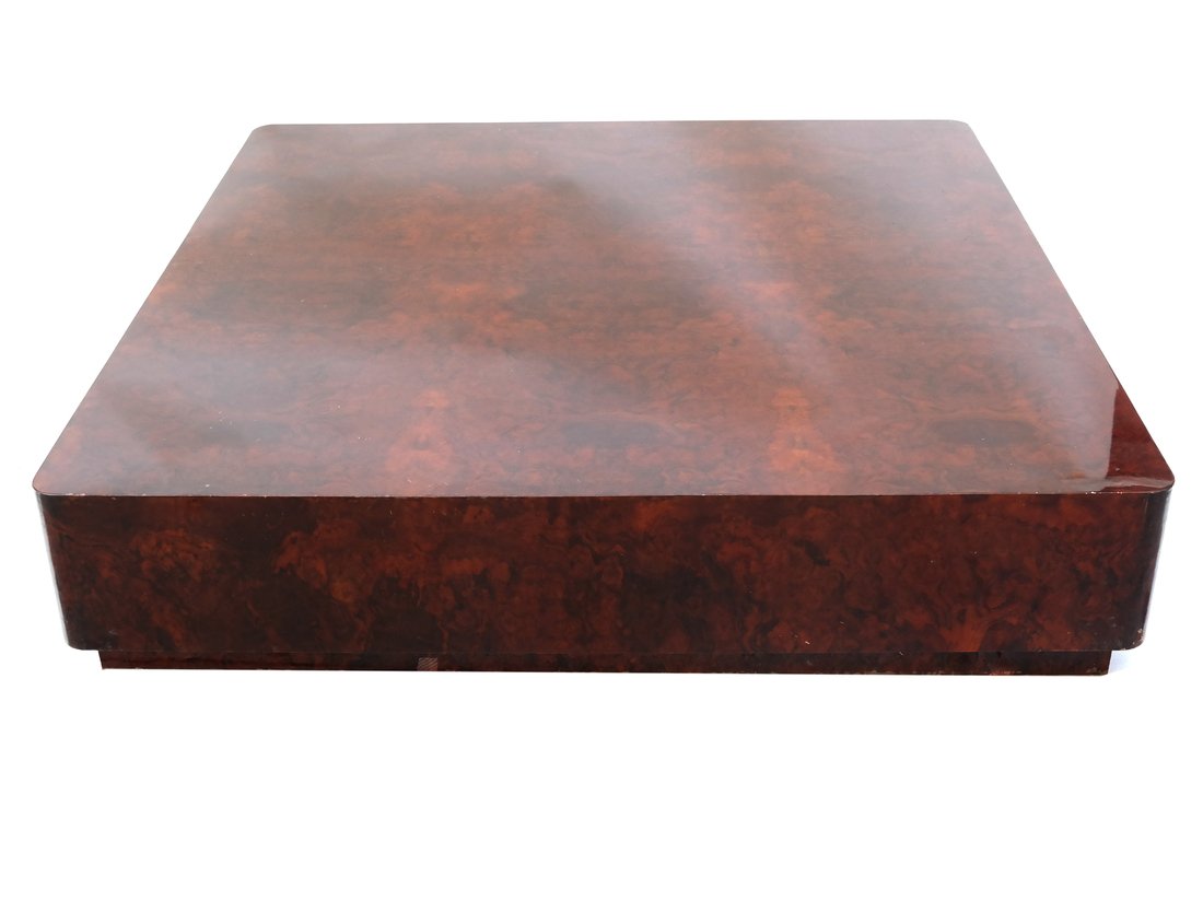 Traditional Style Square Low Coffe Table: [60" W x 60" D x 14" H]. Scratches and marks to wood veneer.