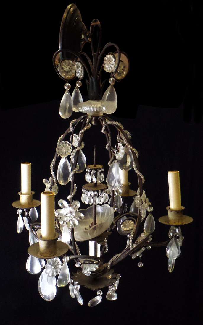 Four Light Metal and Crystal Fixture: Four Light Metal and Crystal Fixture with beaded motif [24" H x 17" Dia]. Minor damage, glass cap.