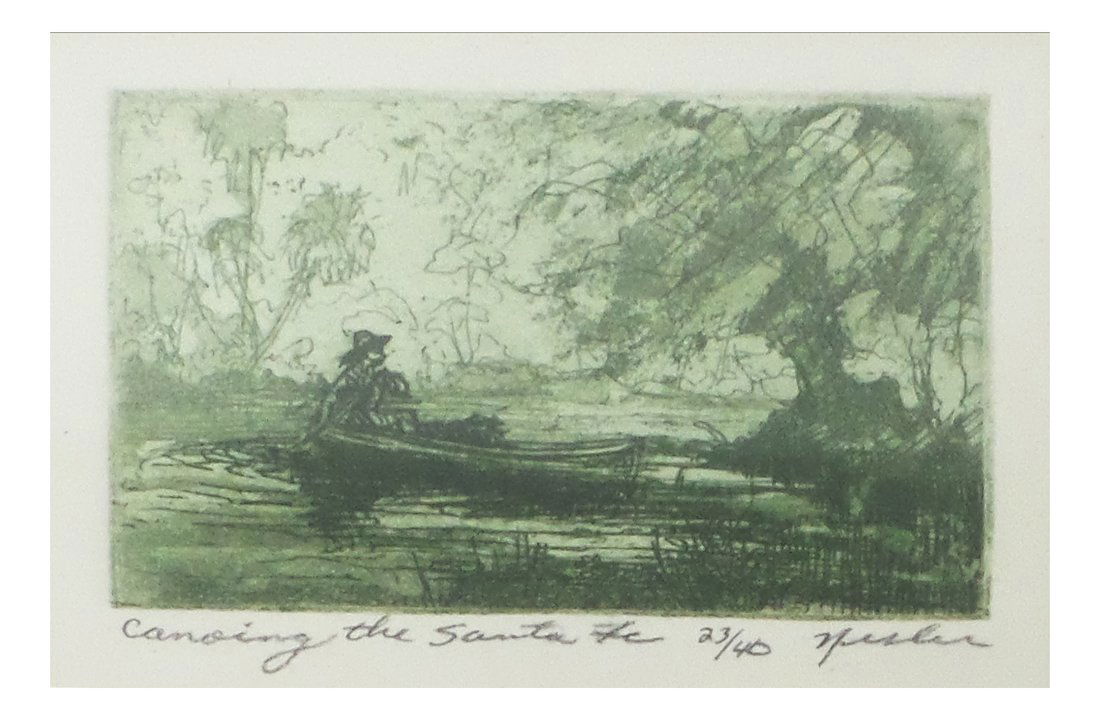 Canoeing The Sante Fe Etching: "Canoeing The Sante Fe" numbered 23/40. Signed at lower right, possibly "Nilsen" [Sight: 2 5/8" H x 3 1/2" W; Frame 8 3/4" H x 10 3/4" W].
