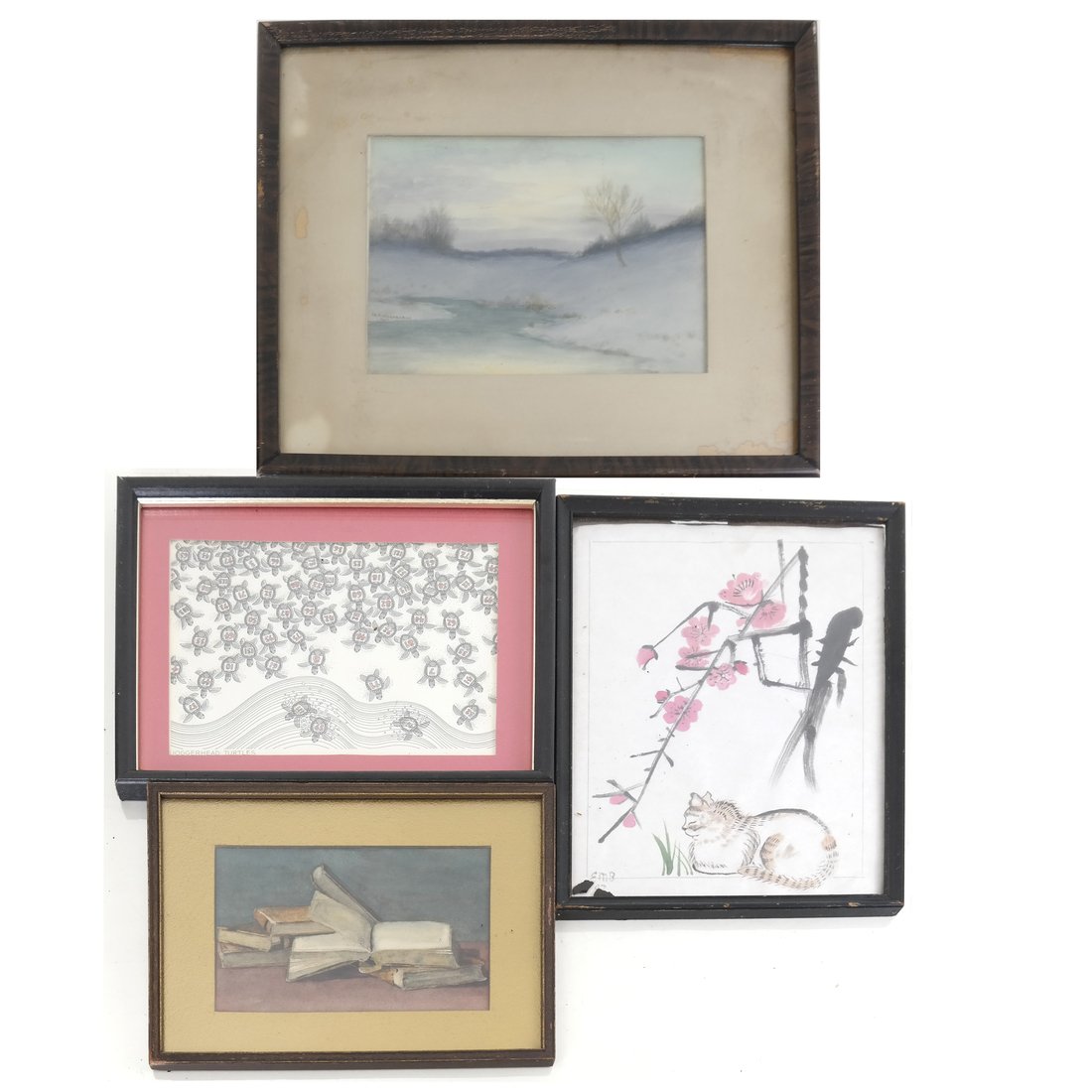 Four Various Decorative Works on Paper: All 20th Century, various origins, includes depictions of books, Chinese cat, jogger head turtles, and a water color landscape.