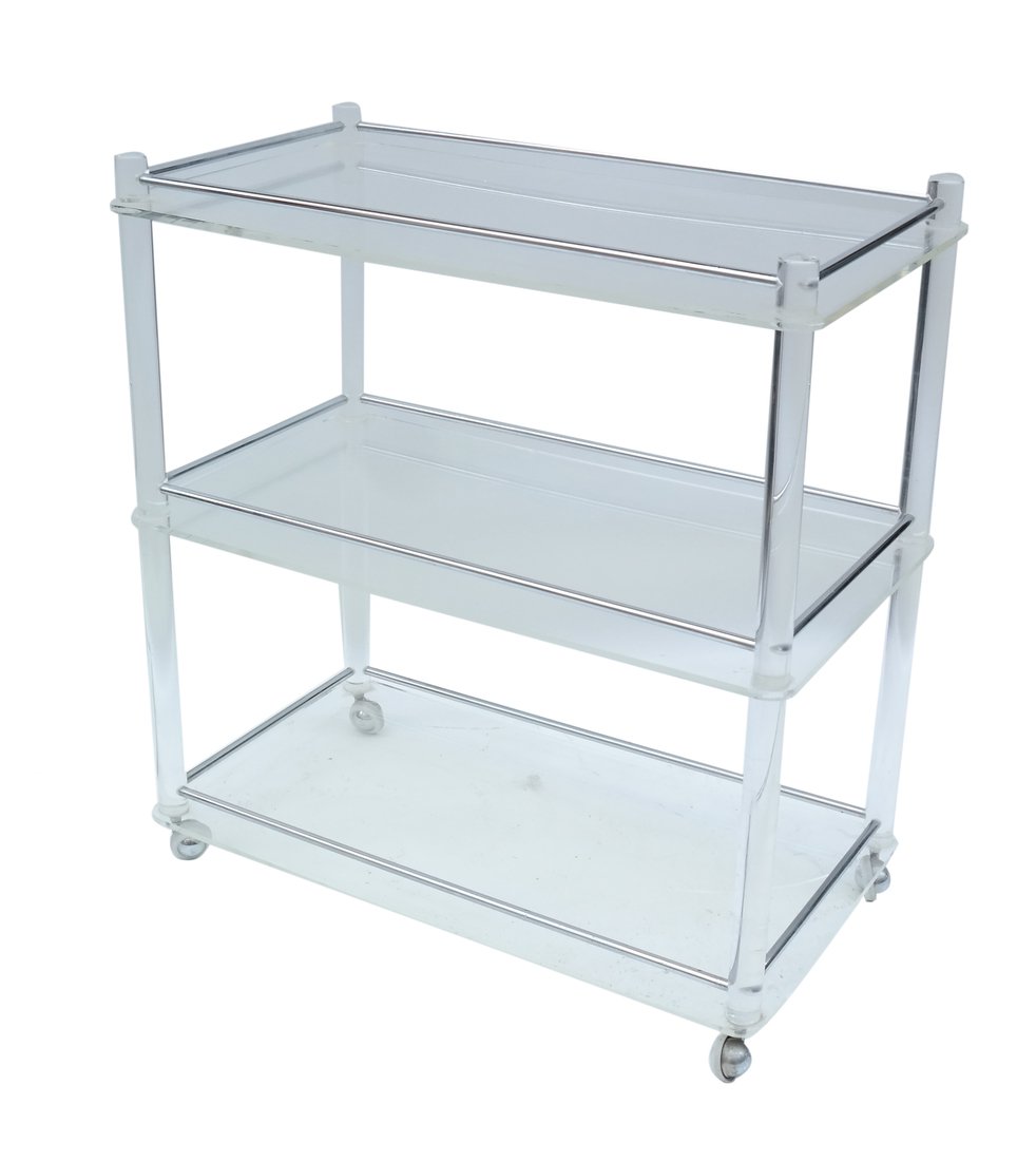 Three Tier Wine and Tea Cart: Three tier wine and tea cart/ tea wagon/ trolley on casters. [35 1/4" H x 18 1/2" W x 33" D]. Lowest tier cracked/ scratched