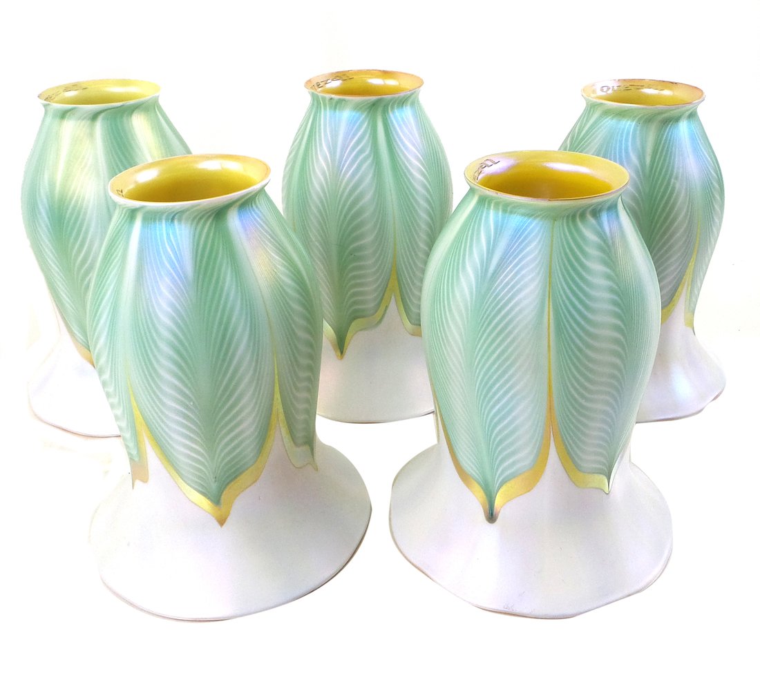 Five Signed Quezal Feathered Glass Shades (1 of 5)