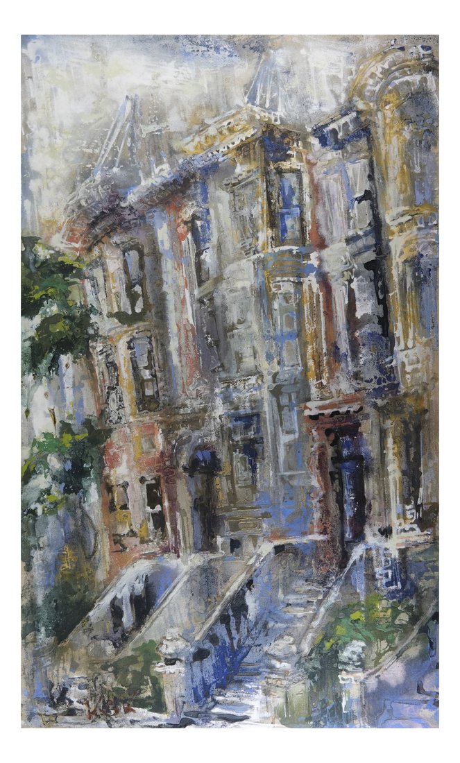 Kurt Kurtis Abstract: Kurt Kurtis abstract row of painted ladies, houses on verso stretcher bears "Kurt Kurtis" [Sight: 41" H x 24 1/2" W; Frame: 43 1/2" H x 26 3/4" W]. Good condition.