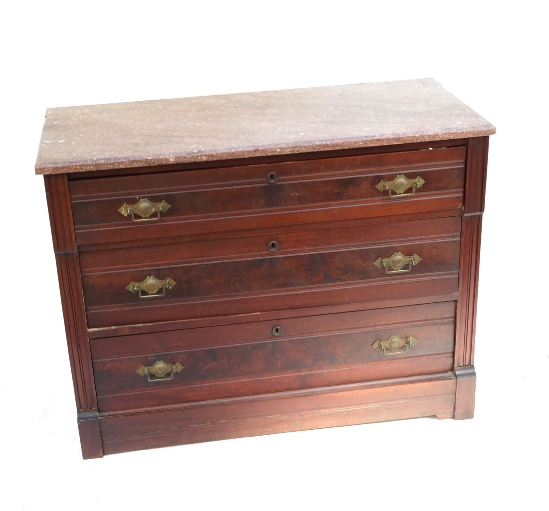 Late Victorian Mahogany Commode: Circa 1900, with marble top. [33" H x 39" W x 18 1/2" D].