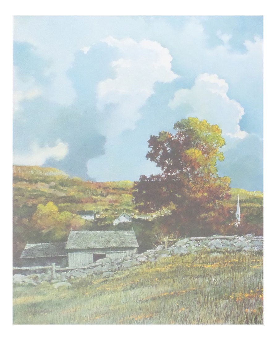 Eric Sloane Lithograph: Bucolic New England autumn landscape with hills and village buildings. Signed bottom right, "Eric Sloane" in margin and numbered left, "460/750." [Image: 24" x 19 1/4" on larger sheet; 33 1/2" x 28 1/