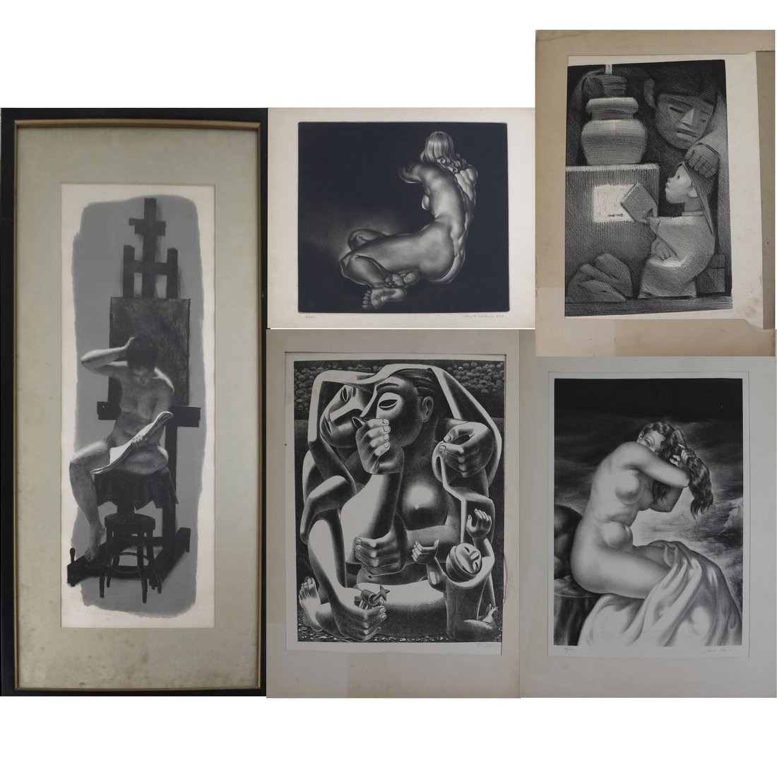 5 Associated American Artists Prints: Two unframed prints including lithographs by: Emilio Amero, a lithograph " Coiffeur " by Sandor Klein, a nude mezzotint " Repose " by Reynold Weidenaar, " Mexican Kitchen " a lithograph by Jean Charlo