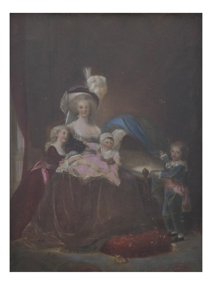 Portrait of French Royal or Noble Family: Portrait of an 18th century French royal or noble family, oil on panel, depicting a mother with three children [Sight: 6 1/2" H x 4 1/2" W; Frame: 10 1/2" H x 8 3/4" W]. Unexamined out of frame. Losse