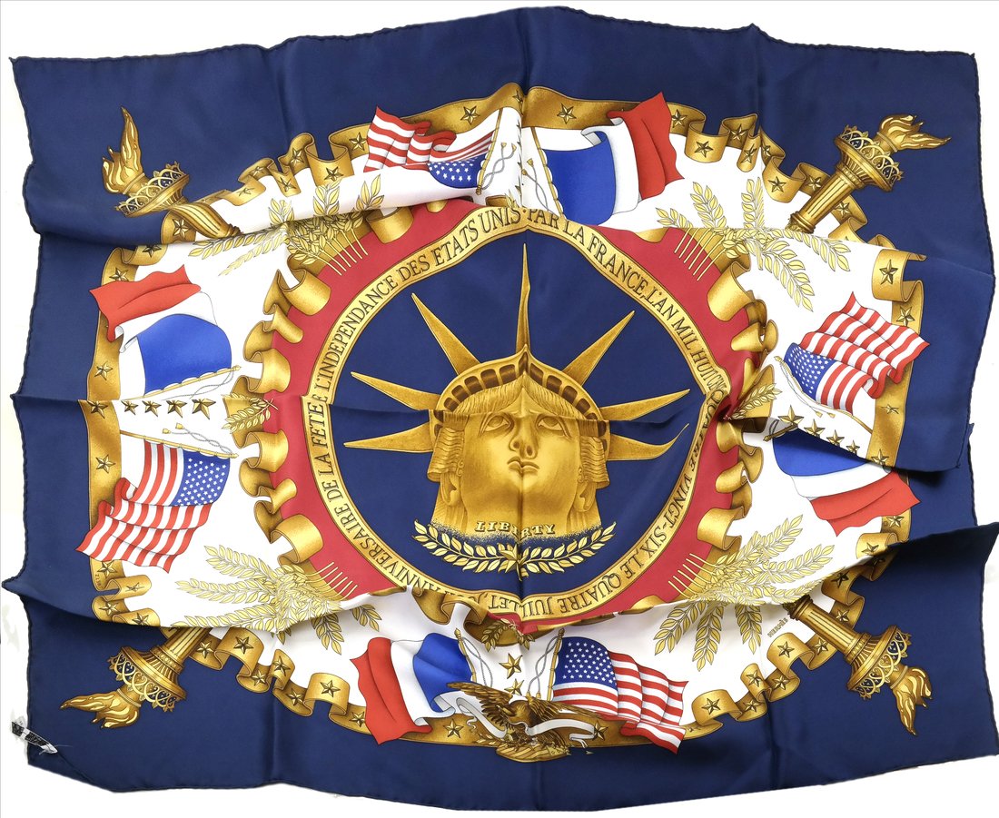 Hermes Silk Scarf: Centennial Liberty, by Joachim Metz, red, white, blue, and gold [36" x 36"]. Very light minor wear, no pulls, minor stains.