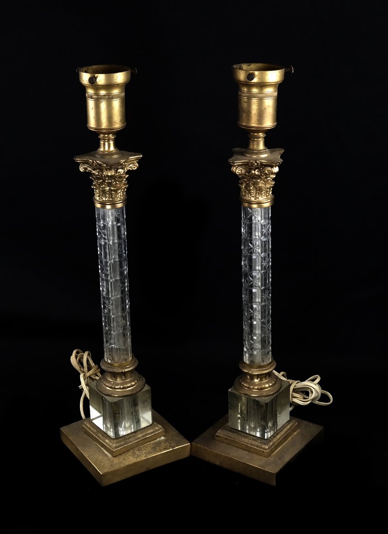 Pair of Gilt Metal Crystal Column Lamps (1 of 6)