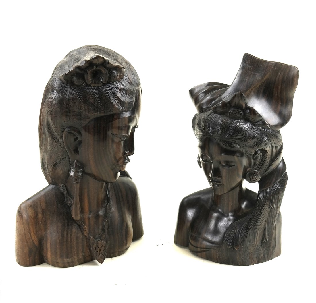 Two Similar Carved Female Busts: Possibly Balinese or Indonesian. [11" H x 7" W x 3 1/2" D]. Minor nicks.