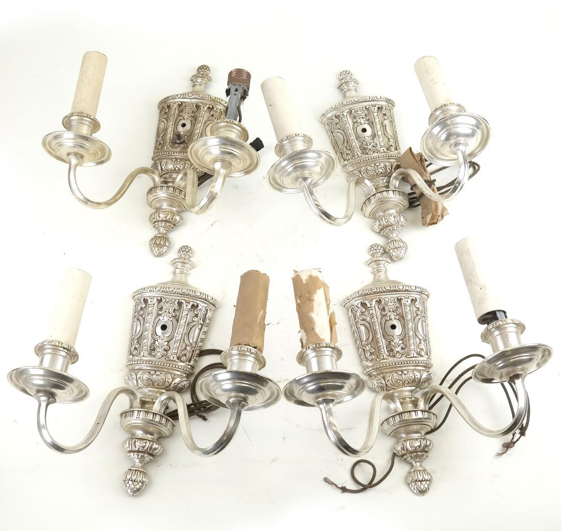 Four Silvered Metal Wall Sconces (1 of 6)