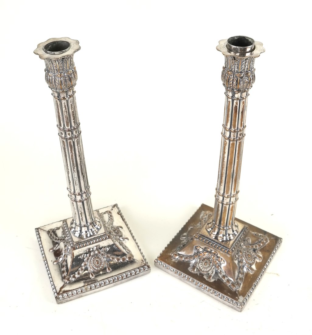 Pair Old Sheffield Plate Candlesticks (1 of 5)