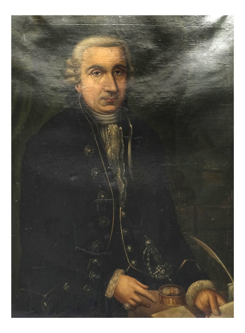 Portrait of an 18th Century Man: Portrait of an 18th century seated man. Unsigned. With Tepper Galleries inventory tag. Sticker on verso "Portrait of an Art Critic". [Sight: 36 1/2" H x 27 1/2" W; Frame: 42 1/2" H x 33 1/2" W]. Surfa