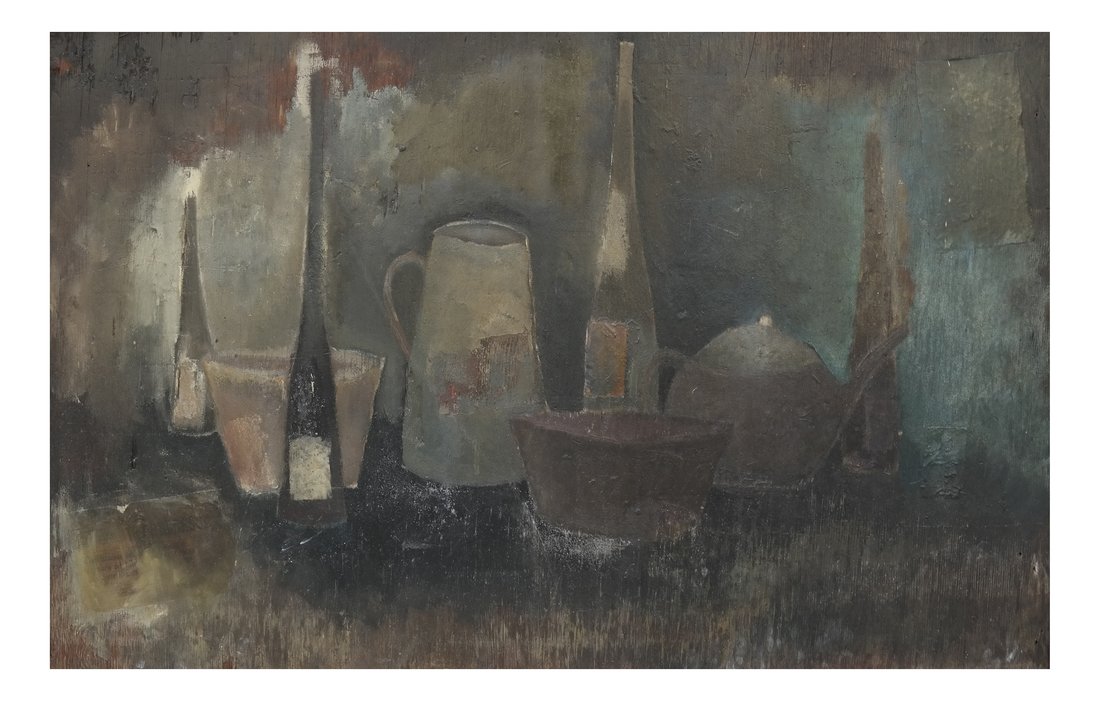 Giuseppe Napoli Still Life: Giuseppe Napoli, (American 1929-1967) Still Life, Oil on Board. Signed lower right, 1954, Korman Gallery. [30" H x 48" W]. Damage.