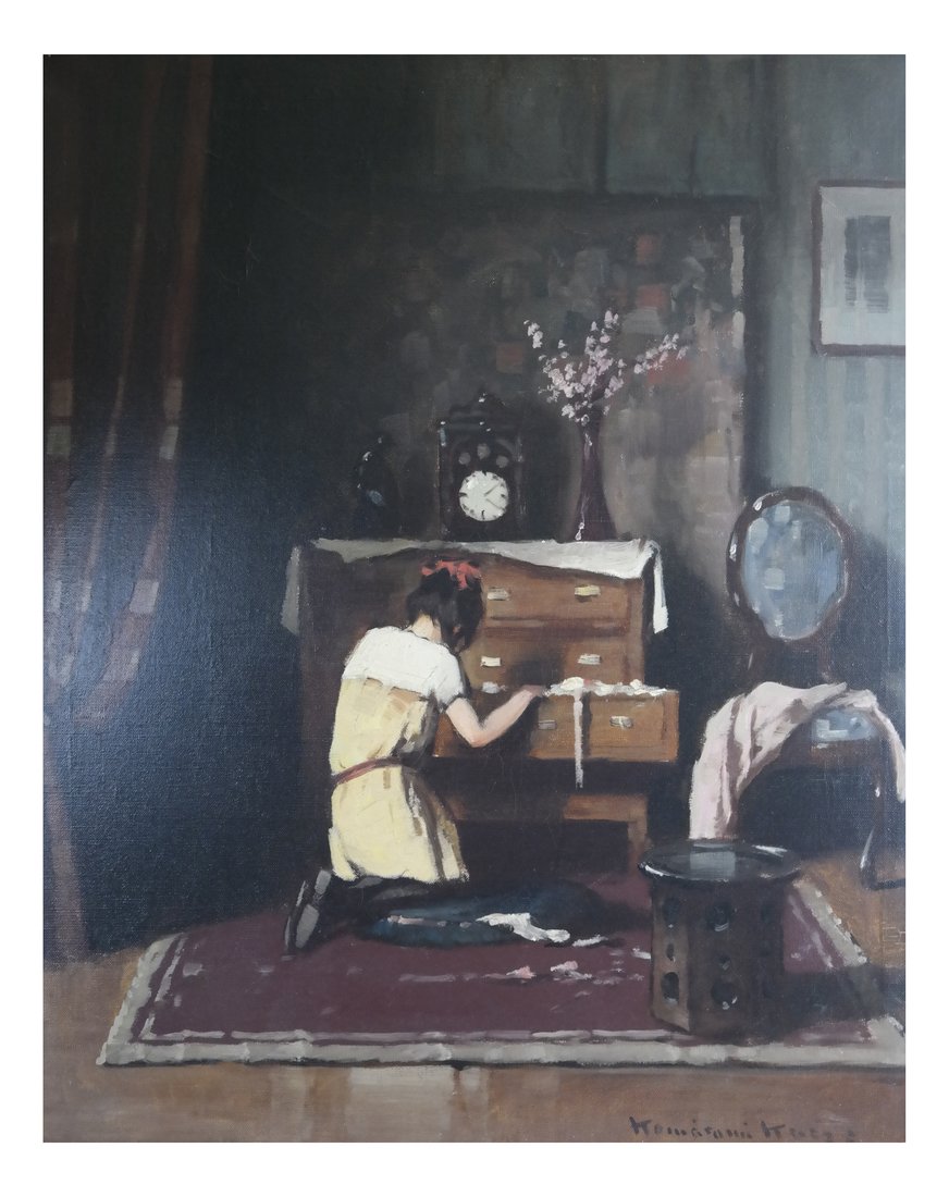 Girl Kneeling at Dresser. Oil on Canvas: Continental school, Girl Kneeling at Dresser, signed lower right, possibly "Katz". [Sight: 26" H x 21" W; Frame: 35 1/2" H x 30" W]. Overall good condition.