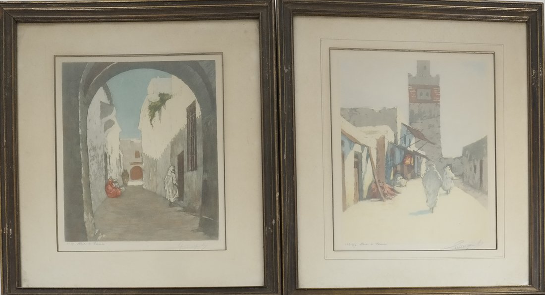 Pair of Street Scenes, Hand-Colored Lithographs (1 of 7)