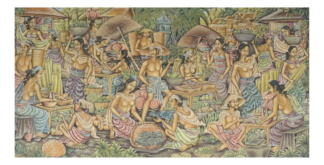 Manner of J.W. Asto, Haitian Villagers: Unframed oil on fabric of Haitian villagers. Unsigned. [36" x 61 1/2"]. Overall good condition.