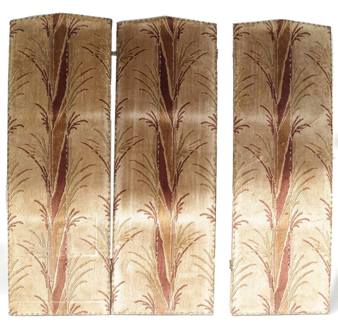 Three-Panel Upholstered Screen: Three-panel upholstered screen. [66 1/2" H]. One panel has become unhinged. Poor condition. Sold "as is".