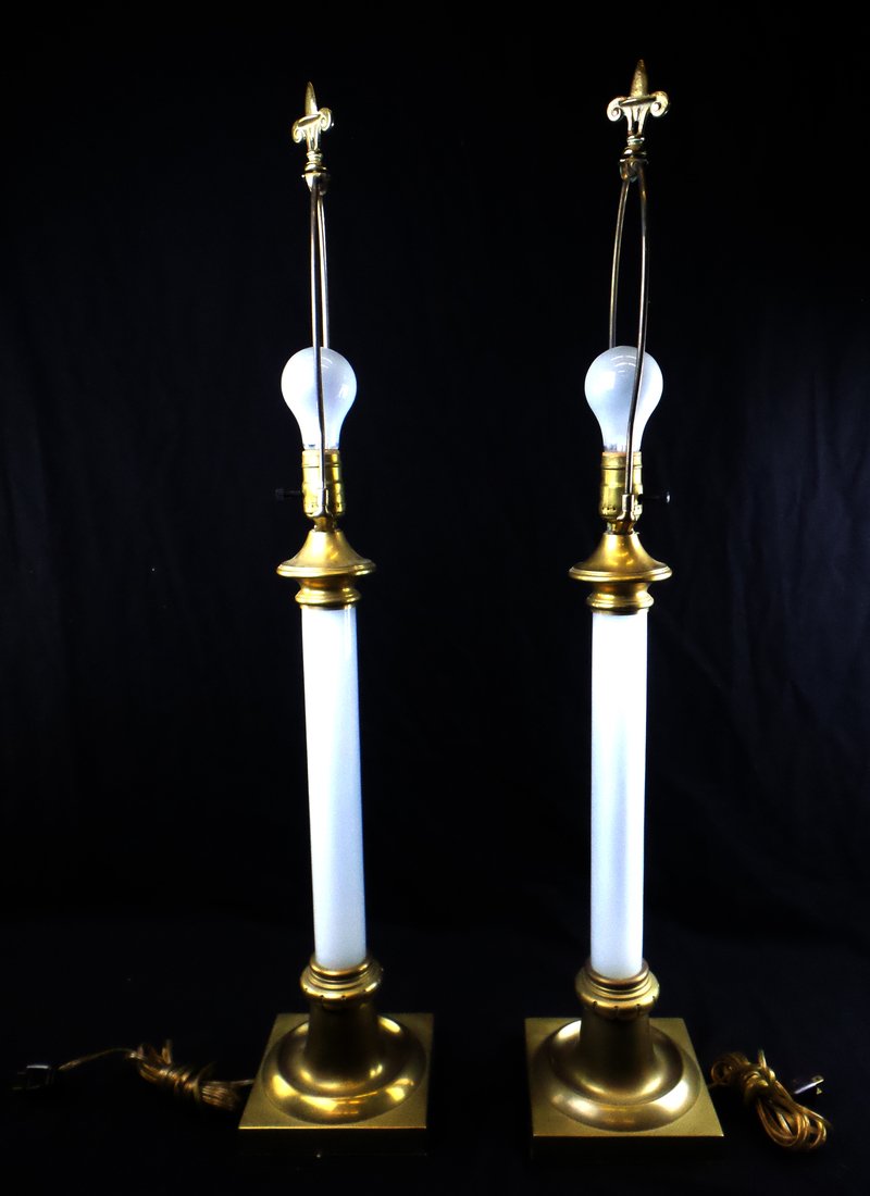 Rain Milk Glass Color Lamps: Pair of brass and glass color lamps. [23 1/2" H (to socket) x 6 1/4" W x 6 1/4" D]. Overall good condition.