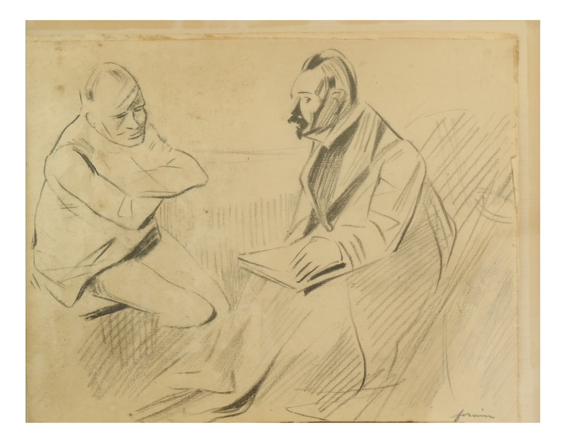 Jean-Louis Forian, Charcoal on Paper: Jean-Louis Forian (French, 1852-1931), "The Lawyer." Charcoal drawing, signed in the lower right corner. [Sight: 8" H x 11" W; Frame: 15 1/2" H x 17 1/2" W]. Paper has shifted in frame, showing mat bu