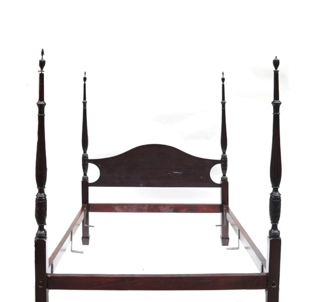 Federal-Style Poster Bed: Federal-style mahogany four poster bed with removable finials. Bed broken down to several pieces. [Approximately 56" L]. Overall good condition, some missing hardware.